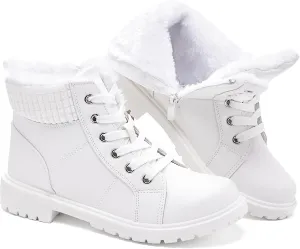 Uoidru Combat Boots For Women Ankle Booties Black Winter Snow Boots White Lace Up Boots Comfort Fuzzy Boot Side Zipper Short Boots (Warm,Non slip)