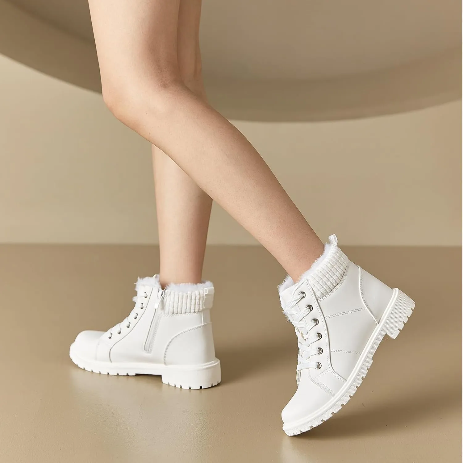 Uoidru Combat Boots For Women Ankle Booties Black Winter Snow Boots White Lace Up Boots Comfort Fuzzy Boot Side Zipper Short Boots (Warm,Non slip)