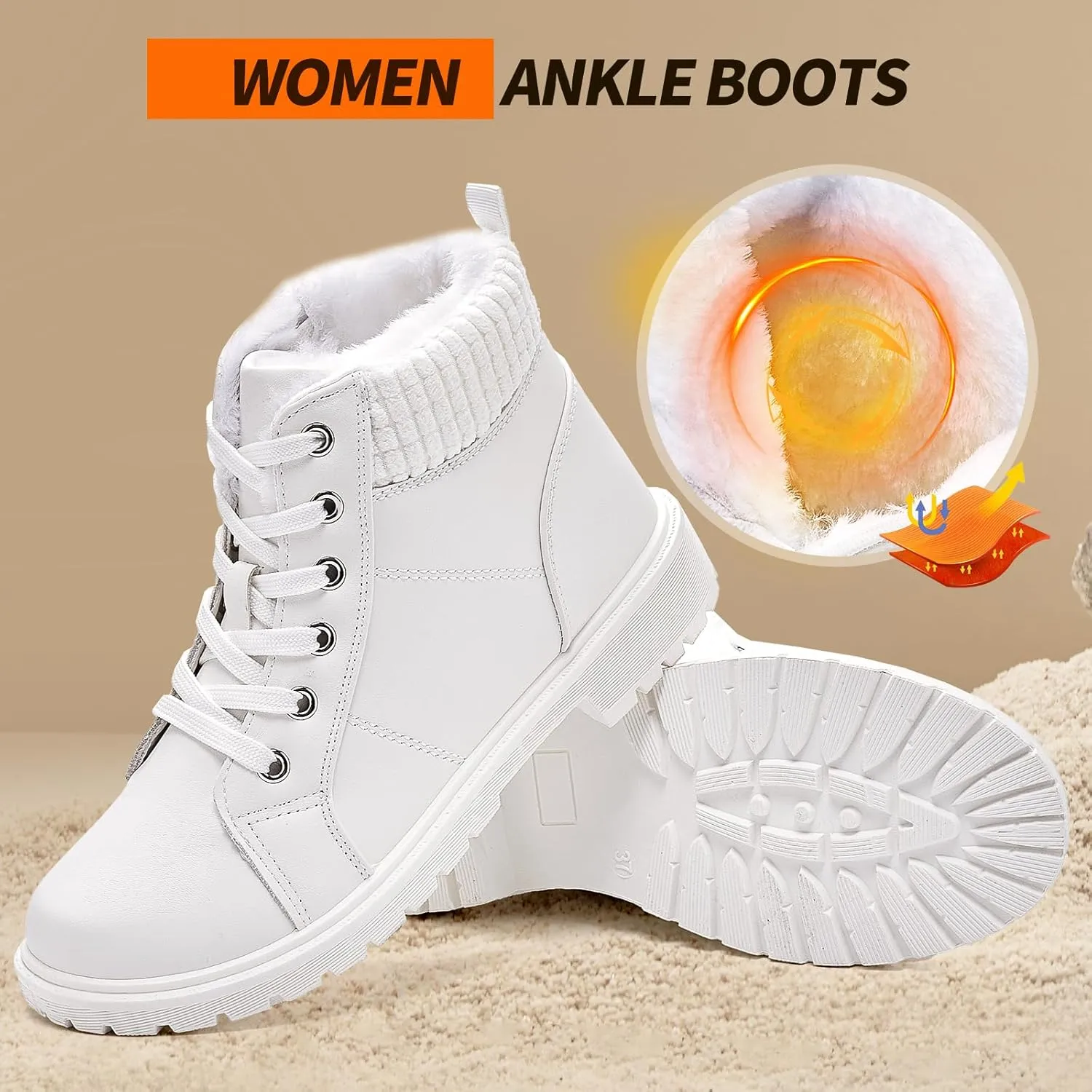 Uoidru Combat Boots For Women Ankle Booties Black Winter Snow Boots White Lace Up Boots Comfort Fuzzy Boot Side Zipper Short Boots (Warm,Non slip)