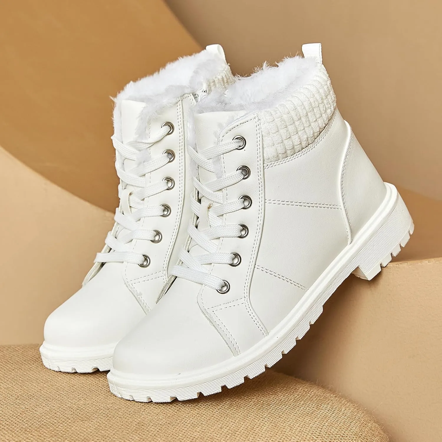 Uoidru Combat Boots For Women Ankle Booties Black Winter Snow Boots White Lace Up Boots Comfort Fuzzy Boot Side Zipper Short Boots (Warm,Non slip)