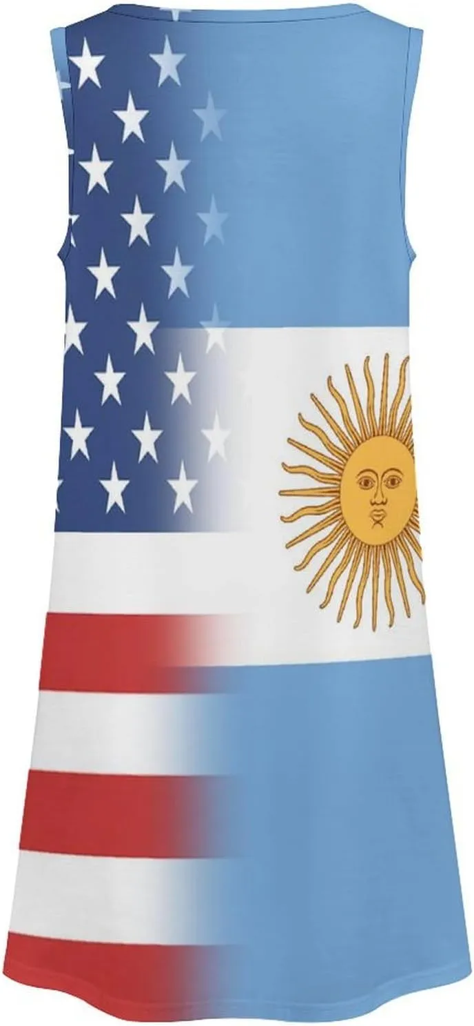USA and Argentina Flag Women's Summer Dress Sleeveless Casual Loose Beach Vacation Tank Sundress