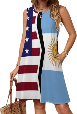 USA and Argentina Flag Women's Summer Dress Sleeveless Casual Loose Beach Vacation Tank Sundress
