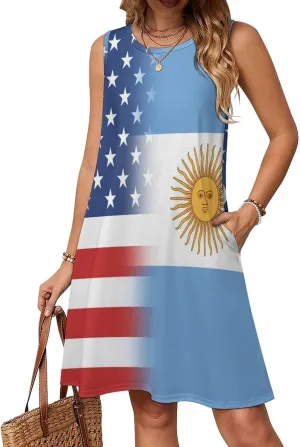 USA and Argentina Flag Women's Summer Dress Sleeveless Casual Loose Beach Vacation Tank Sundress