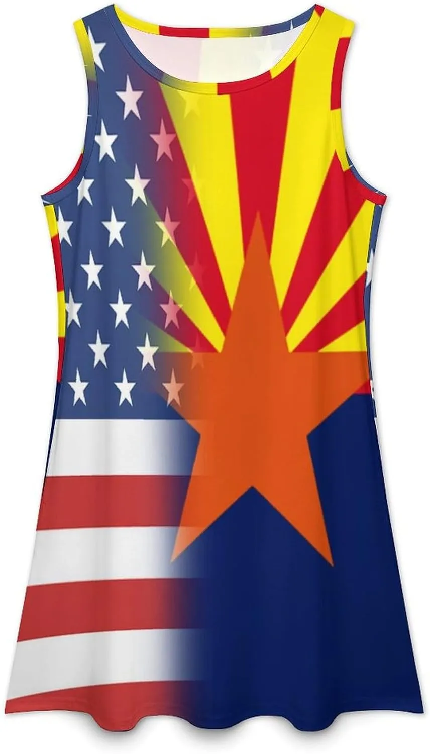 USA and Arizona State Flag Women's Summer Dress Sleeveless Casual Loose Beach Vacation Tank Sundress