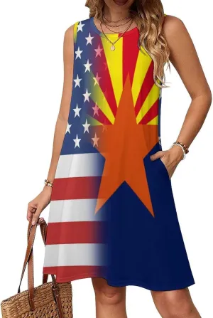 USA and Arizona State Flag Women's Summer Dress Sleeveless Casual Loose Beach Vacation Tank Sundress