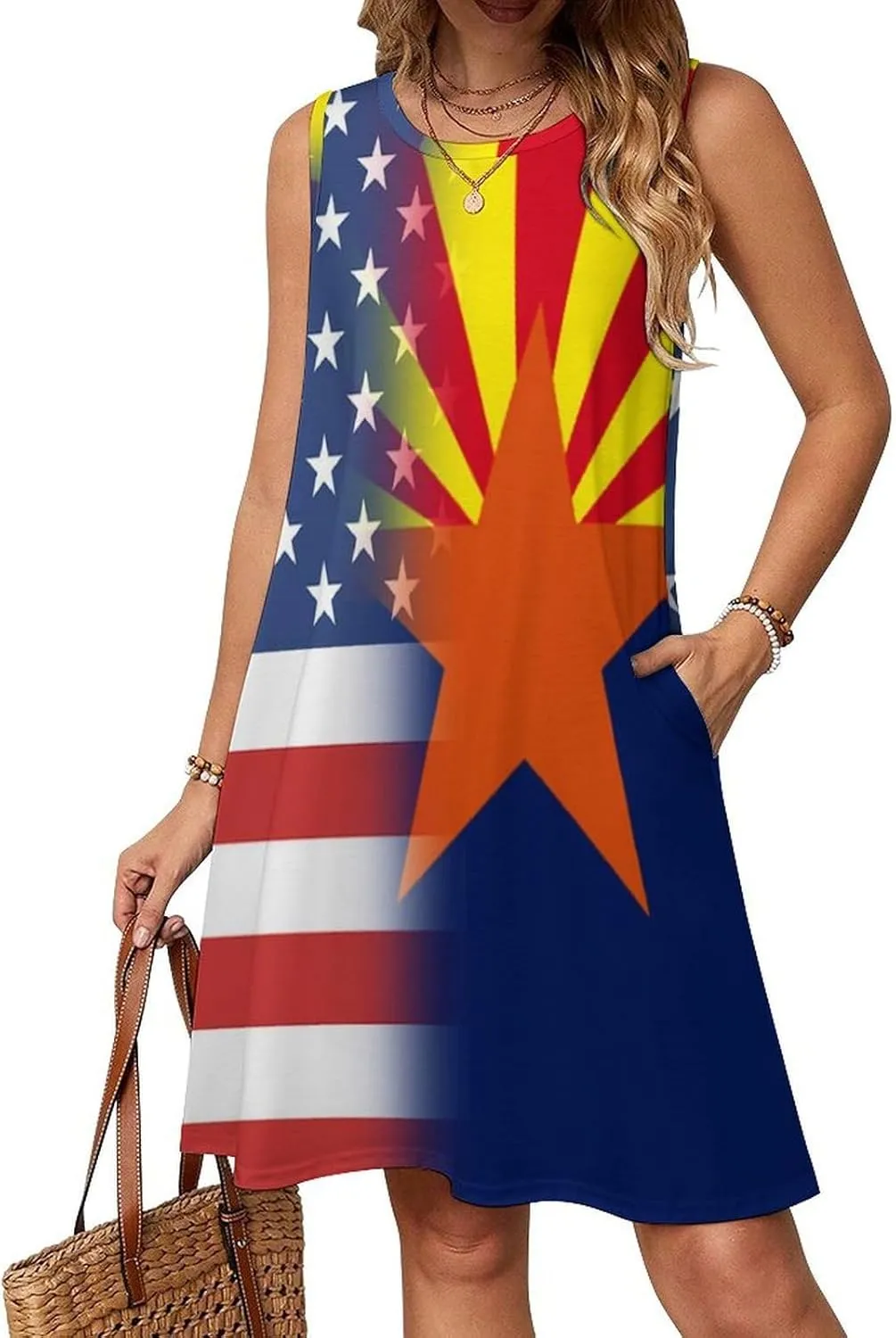 USA and Arizona State Flag Women's Summer Dress Sleeveless Casual Loose Beach Vacation Tank Sundress