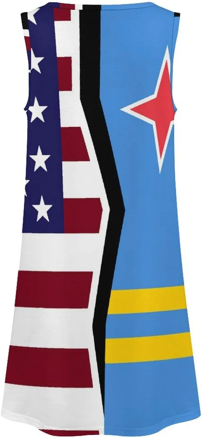 USA and Aruba Flag Women's Summer Dress Sleeveless Casual Loose Beach Vacation Tank Sundress