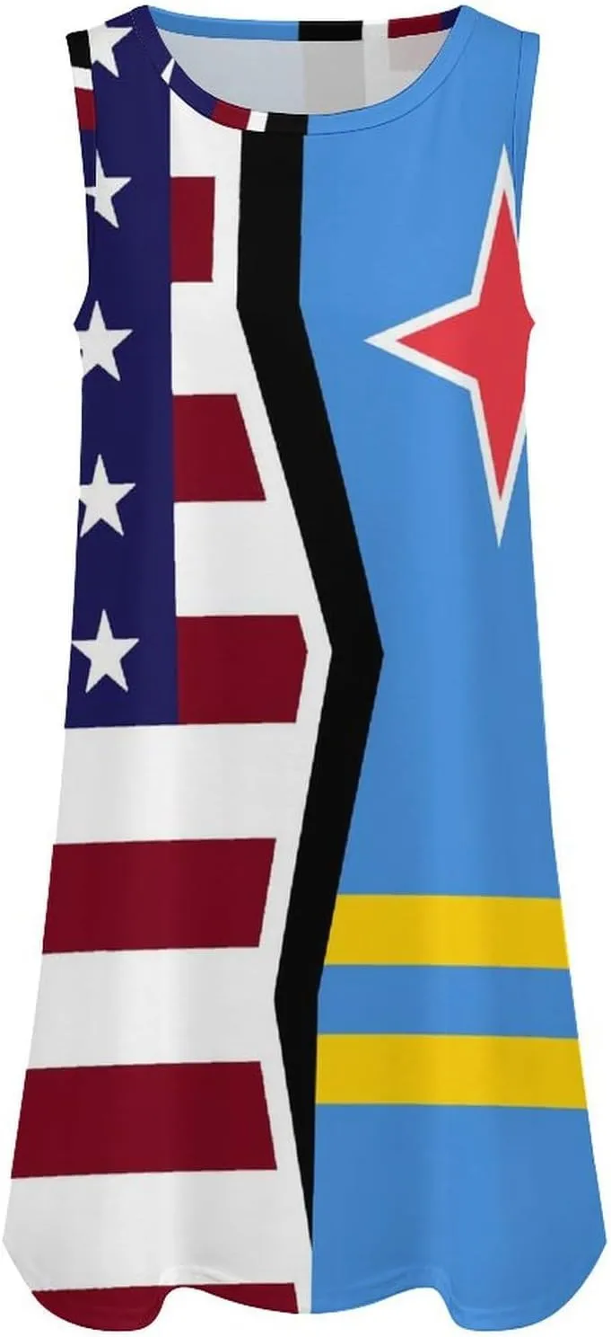 USA and Aruba Flag Women's Summer Dress Sleeveless Casual Loose Beach Vacation Tank Sundress