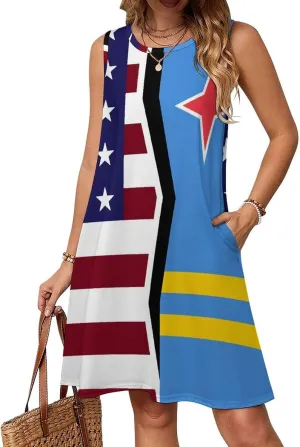 USA and Aruba Flag Women's Summer Dress Sleeveless Casual Loose Beach Vacation Tank Sundress