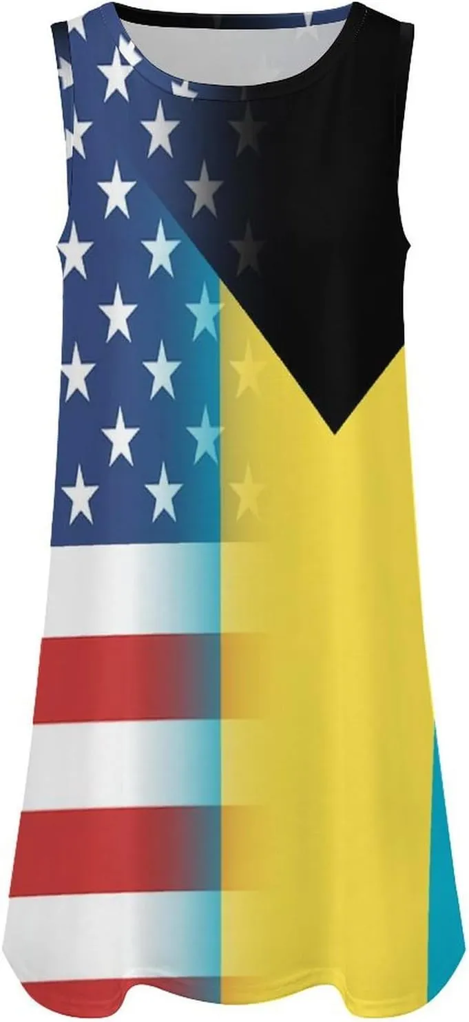 USA and Bahamas Flag Women's Summer Dress Sleeveless Casual Loose Beach Vacation Tank Sundress