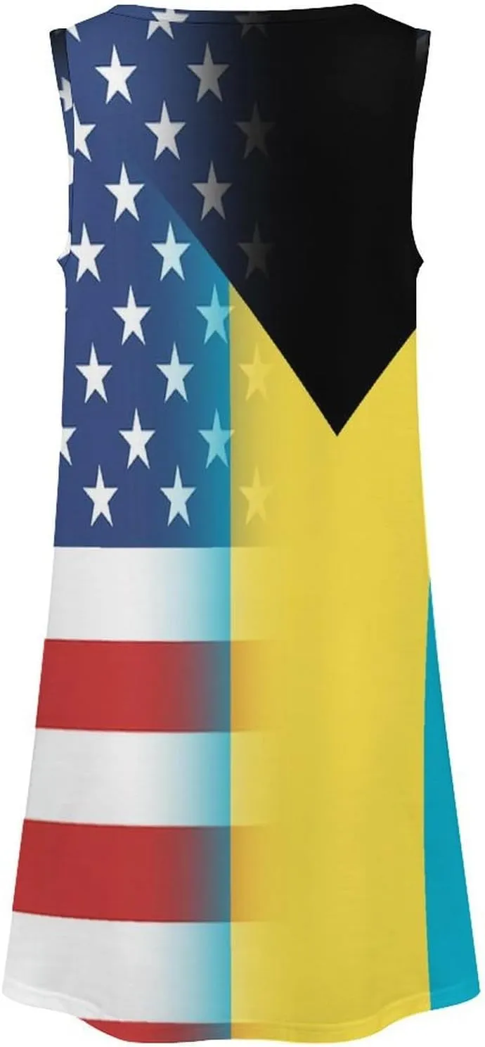 USA and Bahamas Flag Women's Summer Dress Sleeveless Casual Loose Beach Vacation Tank Sundress