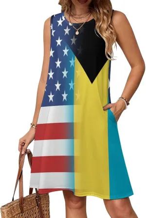 USA and Bahamas Flag Women's Summer Dress Sleeveless Casual Loose Beach Vacation Tank Sundress