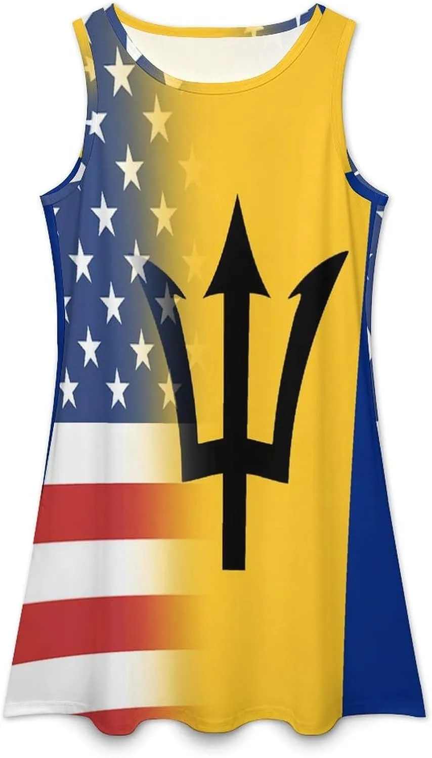 USA and Barbados Flag Women's Summer Dress Sleeveless Casual Loose Beach Vacation Tank Sundress