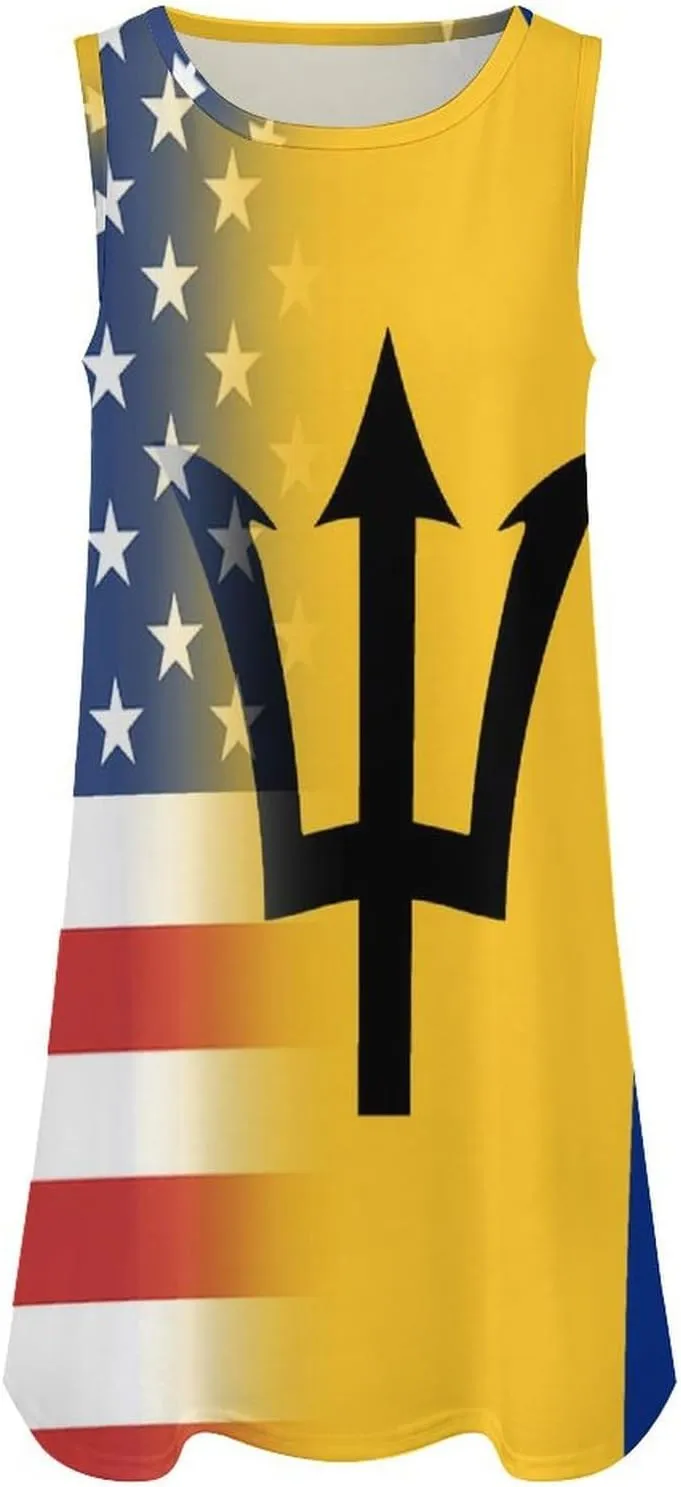 USA and Barbados Flag Women's Summer Dress Sleeveless Casual Loose Beach Vacation Tank Sundress