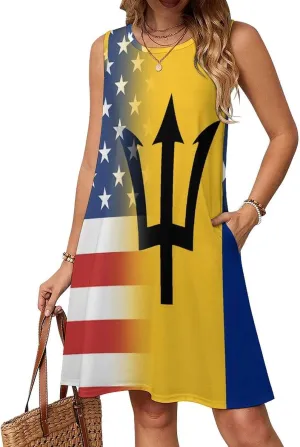 USA and Barbados Flag Women's Summer Dress Sleeveless Casual Loose Beach Vacation Tank Sundress