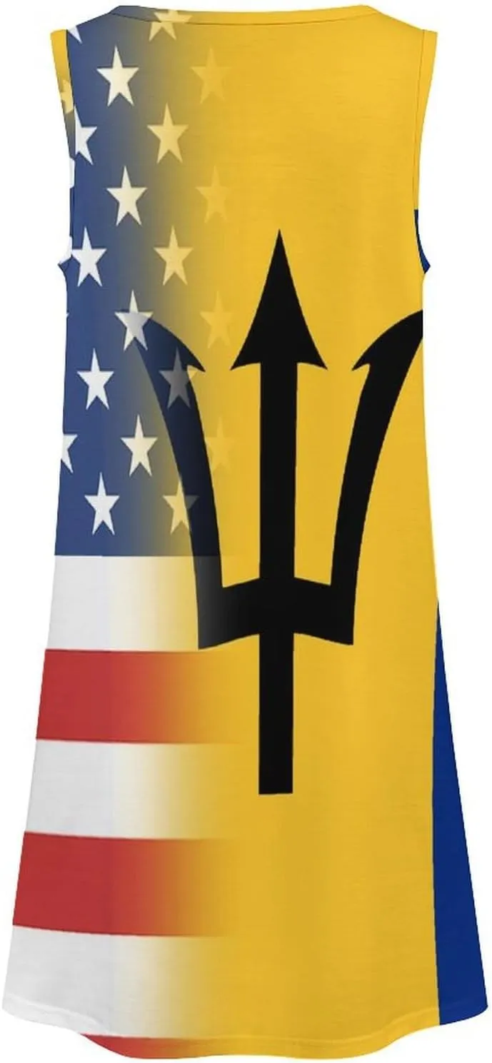 USA and Barbados Flag Women's Summer Dress Sleeveless Casual Loose Beach Vacation Tank Sundress