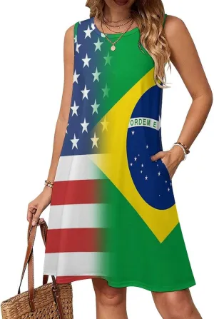 USA and Brazilian Flag Women's Summer Dress Sleeveless Casual Loose Beach Vacation Tank Sundress
