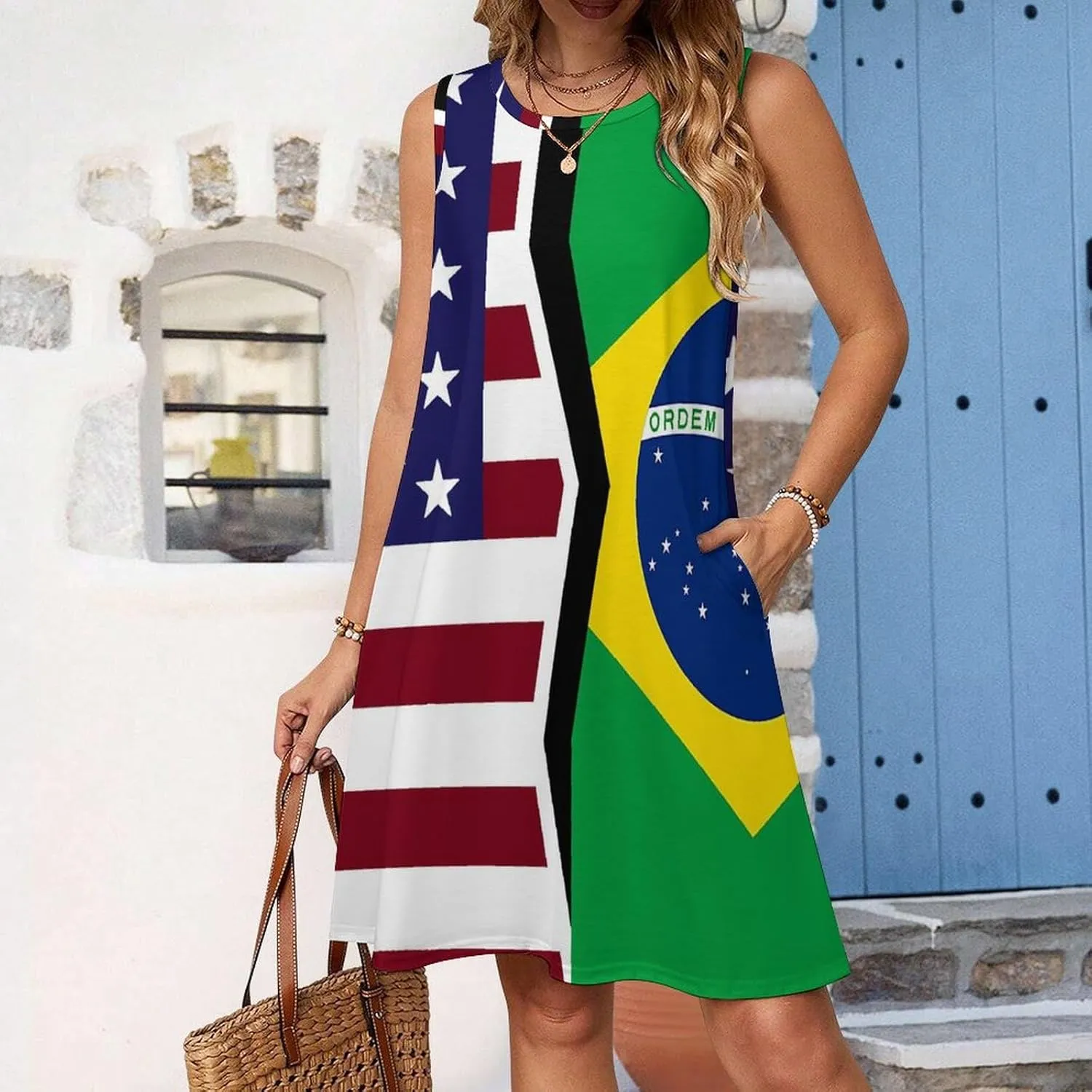 USA and Brazilian Flag Women's Summer Dress Sleeveless Casual Loose Beach Vacation Tank Sundress