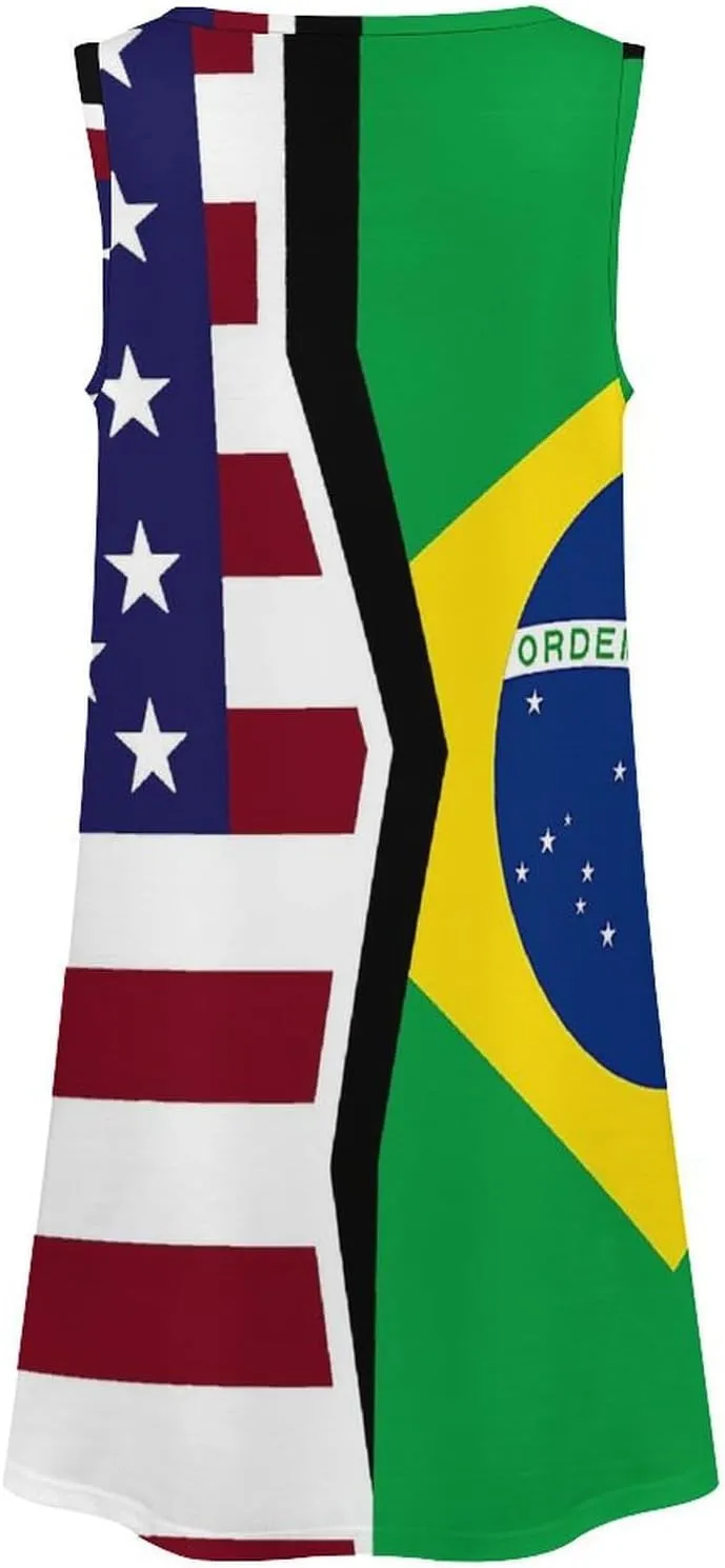 USA and Brazilian Flag Women's Summer Dress Sleeveless Casual Loose Beach Vacation Tank Sundress