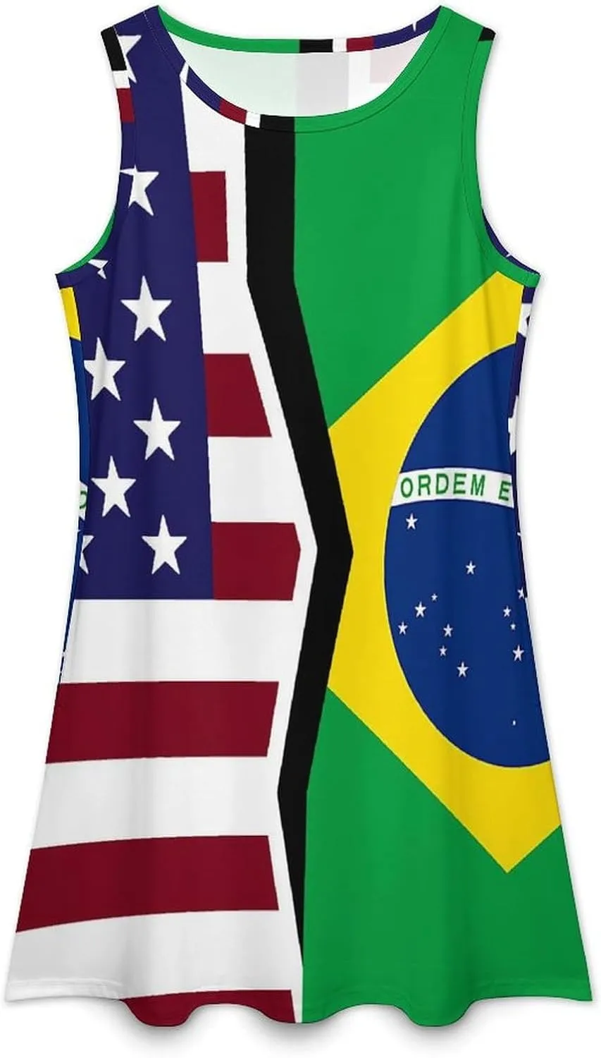USA and Brazilian Flag Women's Summer Dress Sleeveless Casual Loose Beach Vacation Tank Sundress