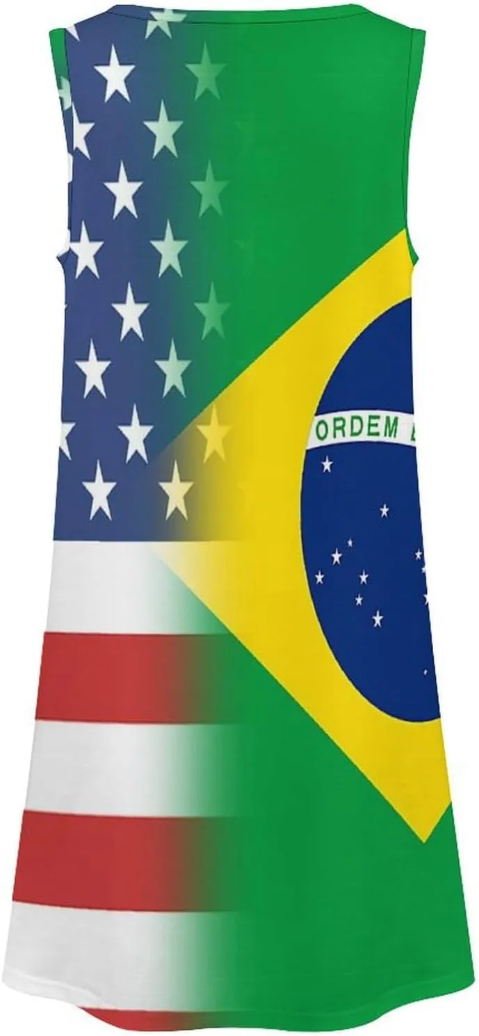 USA and Brazilian Flag Women's Summer Dress Sleeveless Casual Loose Beach Vacation Tank Sundress