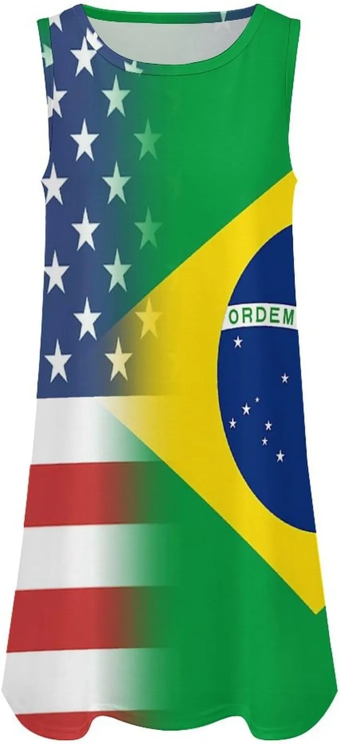 USA and Brazilian Flag Women's Summer Dress Sleeveless Casual Loose Beach Vacation Tank Sundress