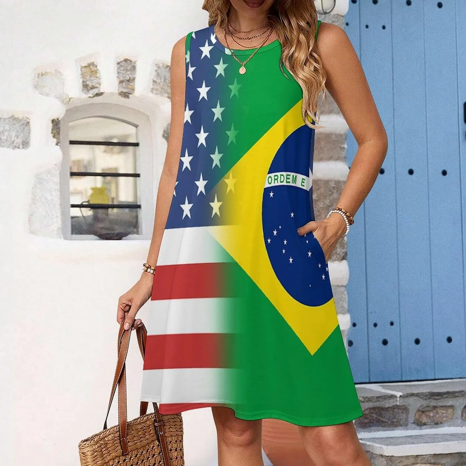 USA and Brazilian Flag Women's Summer Dress Sleeveless Casual Loose Beach Vacation Tank Sundress