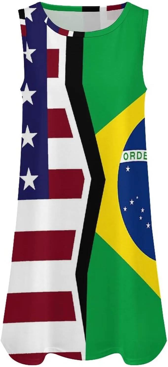 USA and Brazilian Flag Women's Summer Dress Sleeveless Casual Loose Beach Vacation Tank Sundress