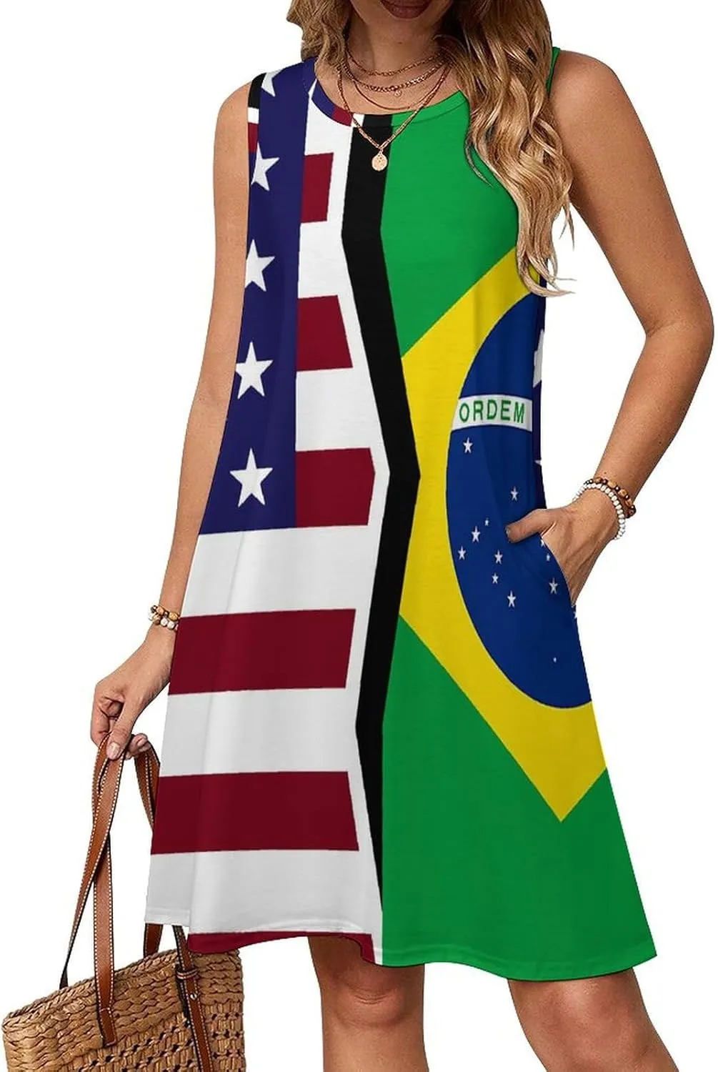 USA and Brazilian Flag Women's Summer Dress Sleeveless Casual Loose Beach Vacation Tank Sundress