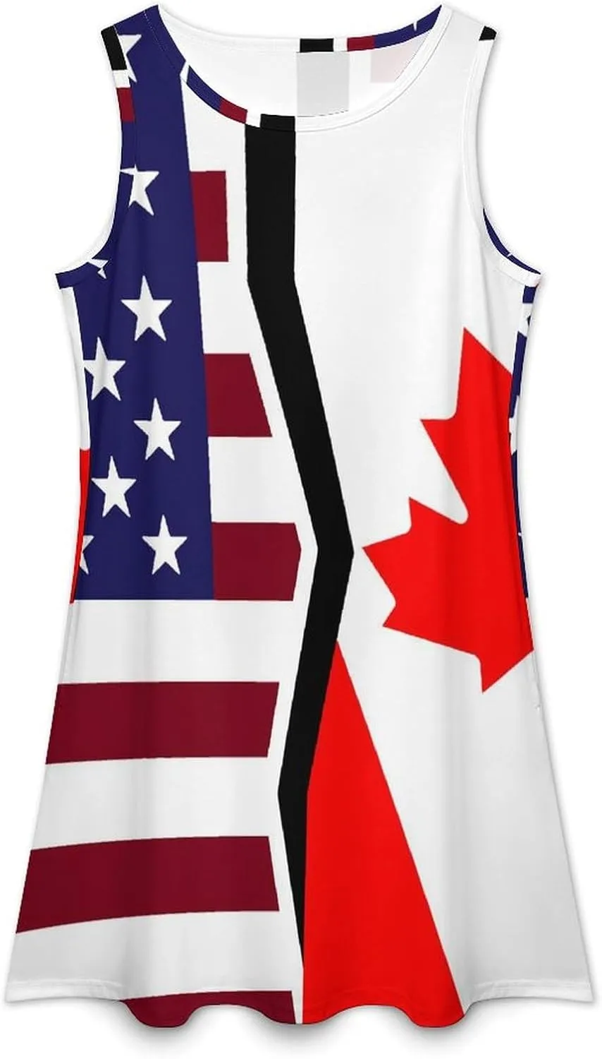 USA and Canadian Flag Women's Summer Dress Sleeveless Casual Loose Beach Vacation Tank Sundress