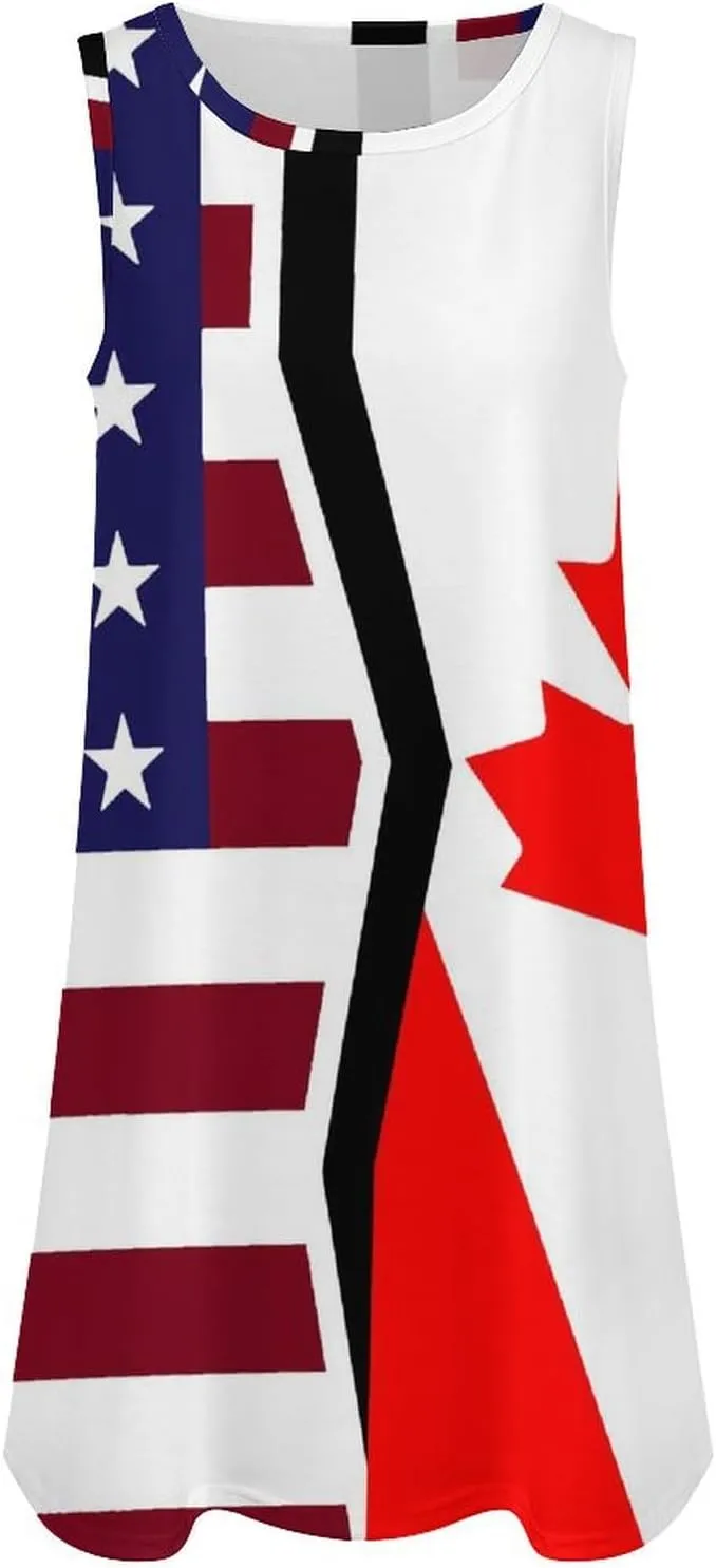 USA and Canadian Flag Women's Summer Dress Sleeveless Casual Loose Beach Vacation Tank Sundress