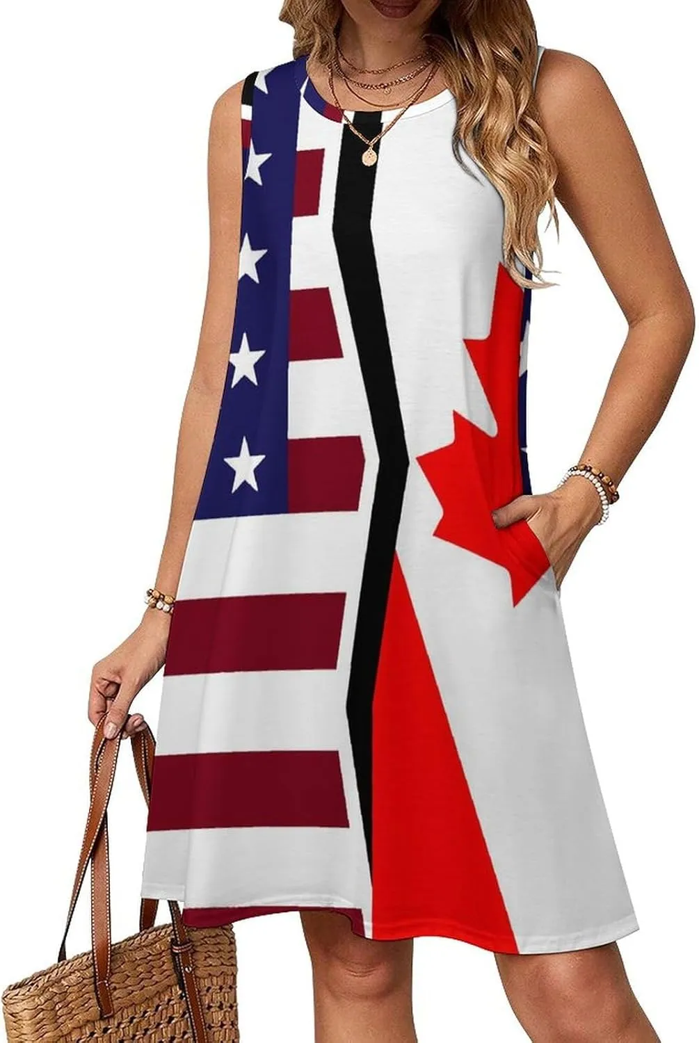 USA and Canadian Flag Women's Summer Dress Sleeveless Casual Loose Beach Vacation Tank Sundress