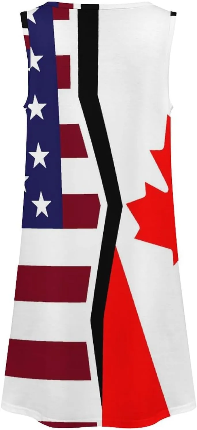 USA and Canadian Flag Women's Summer Dress Sleeveless Casual Loose Beach Vacation Tank Sundress