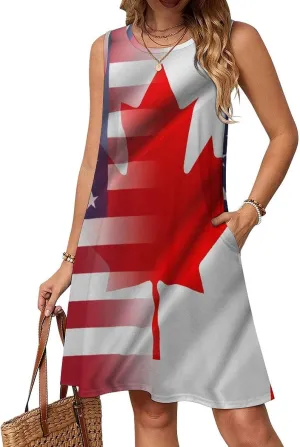 USA and Canadian Flags Women's Summer Dress Sleeveless Casual Loose Beach Vacation Tank Sundress