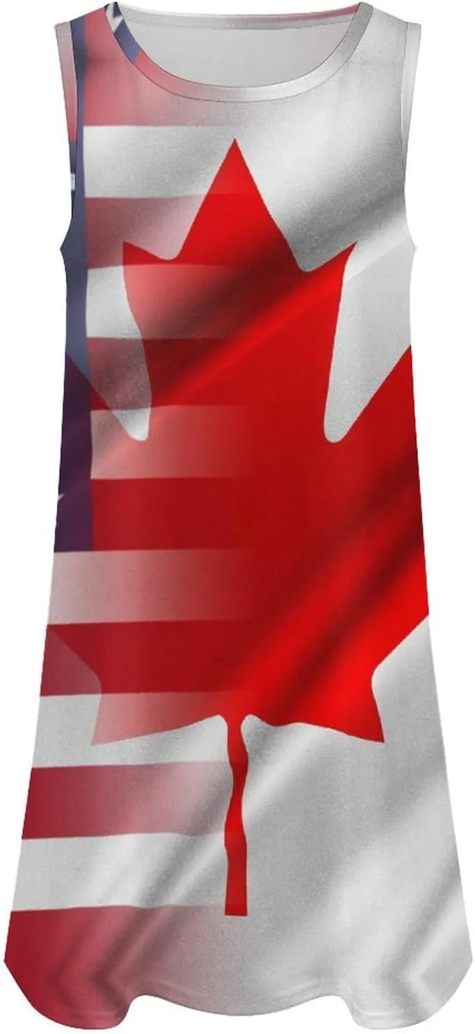 USA and Canadian Flags Women's Summer Dress Sleeveless Casual Loose Beach Vacation Tank Sundress