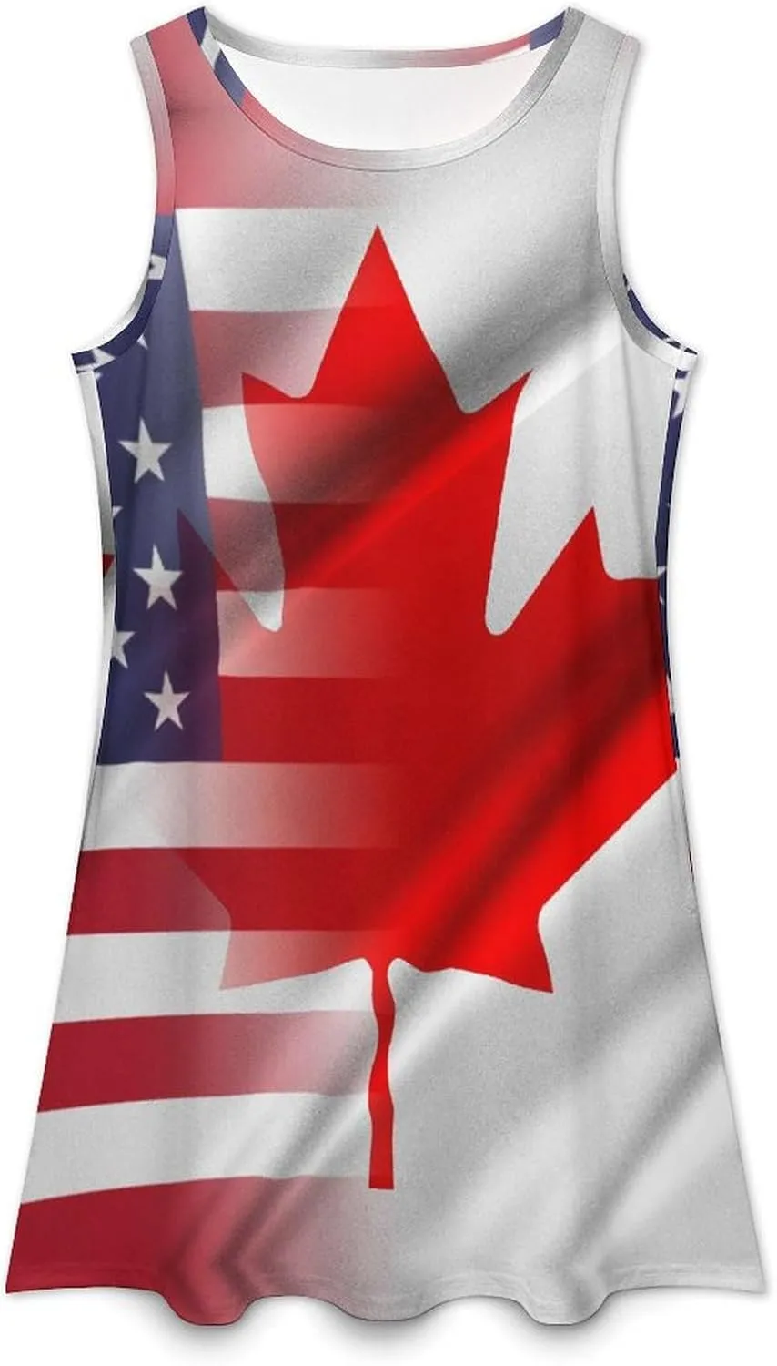 USA and Canadian Flags Women's Summer Dress Sleeveless Casual Loose Beach Vacation Tank Sundress