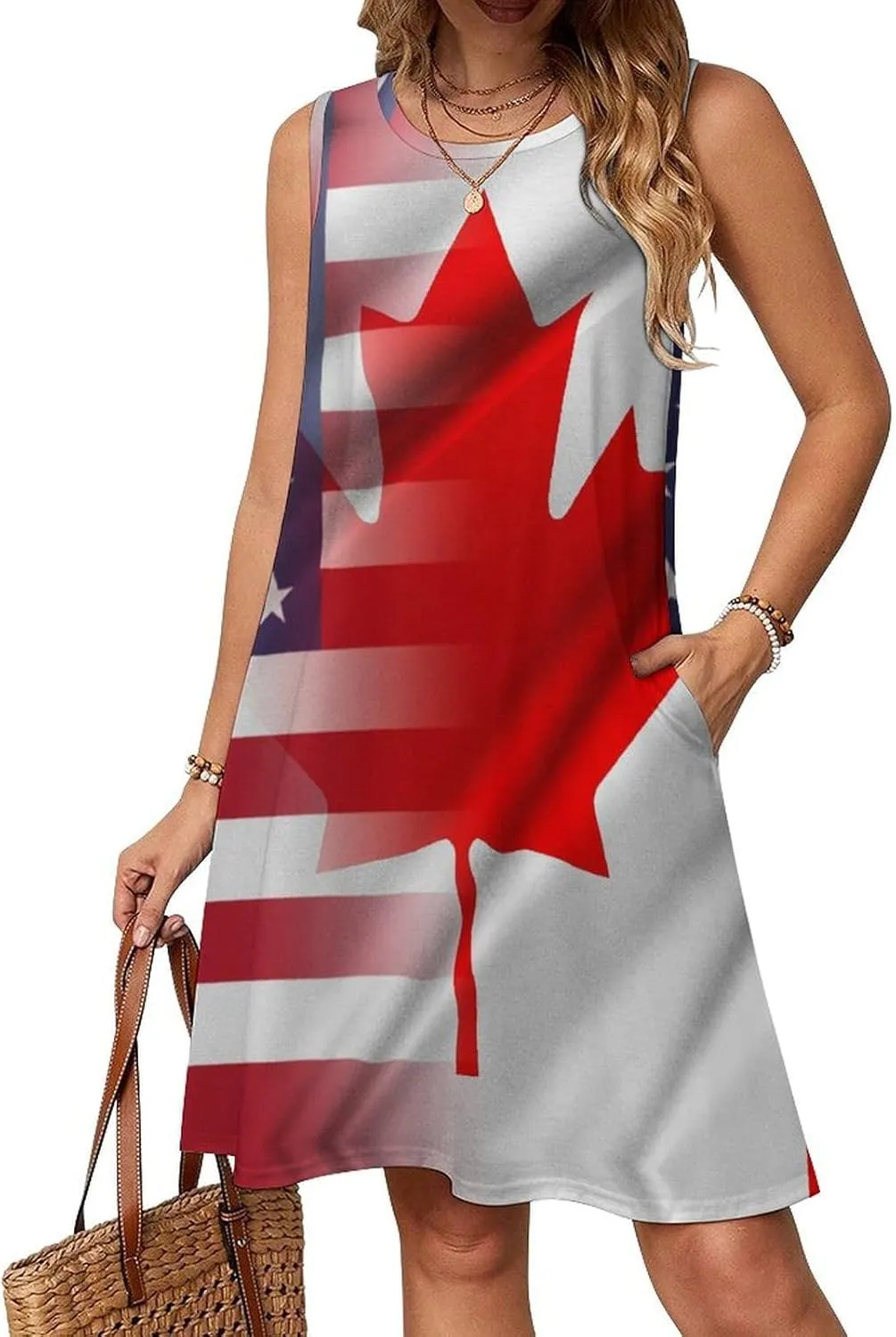USA and Canadian Flags Women's Summer Dress Sleeveless Casual Loose Beach Vacation Tank Sundress