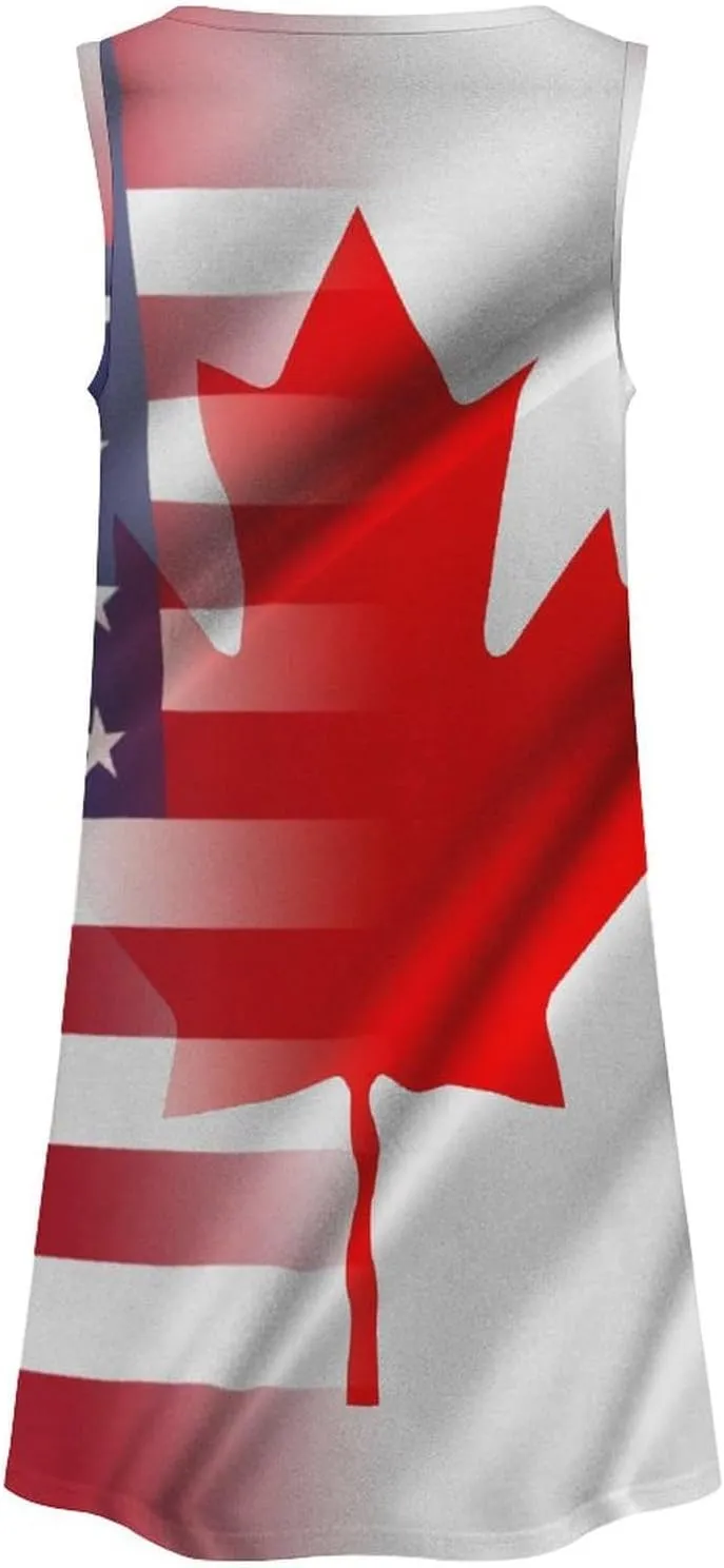 USA and Canadian Flags Women's Summer Dress Sleeveless Casual Loose Beach Vacation Tank Sundress
