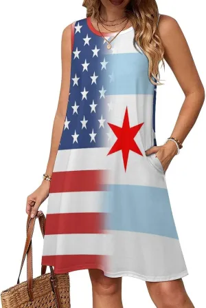 USA and Chicago Flag Women's Summer Dress Sleeveless Casual Loose Beach Vacation Tank Sundress
