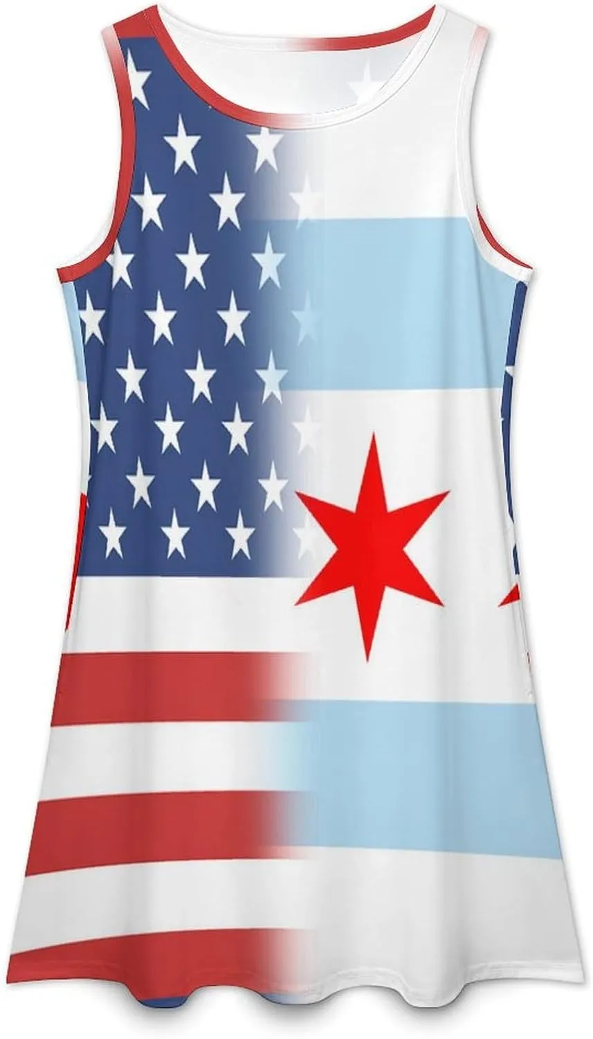 USA and Chicago Flag Women's Summer Dress Sleeveless Casual Loose Beach Vacation Tank Sundress