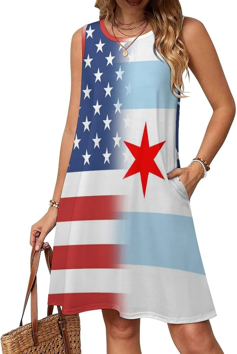 USA and Chicago Flag Women's Summer Dress Sleeveless Casual Loose Beach Vacation Tank Sundress