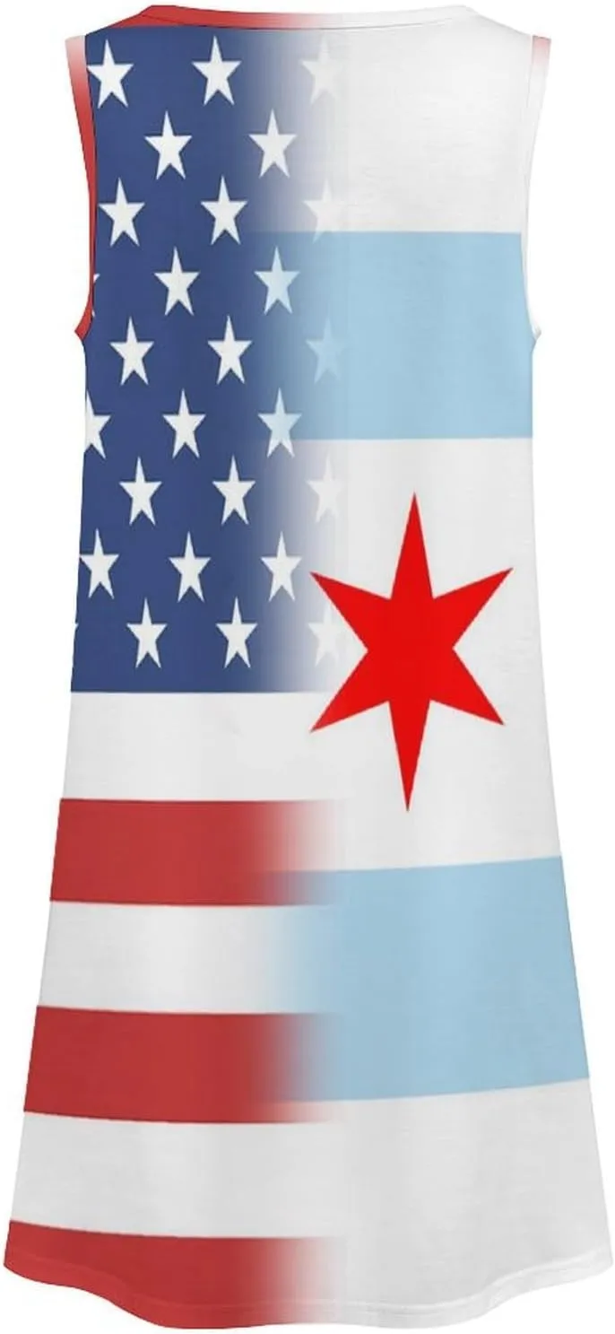 USA and Chicago Flag Women's Summer Dress Sleeveless Casual Loose Beach Vacation Tank Sundress