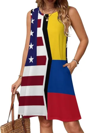 USA and Colombian Flag Women's Summer Dress Sleeveless Casual Loose Beach Vacation Tank Sundress