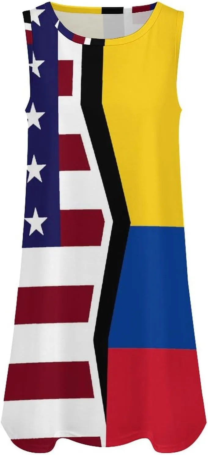 USA and Colombian Flag Women's Summer Dress Sleeveless Casual Loose Beach Vacation Tank Sundress