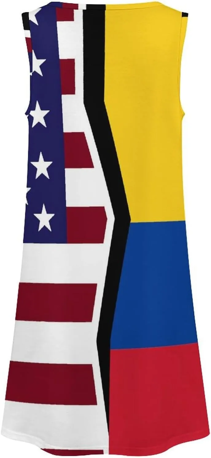 USA and Colombian Flag Women's Summer Dress Sleeveless Casual Loose Beach Vacation Tank Sundress