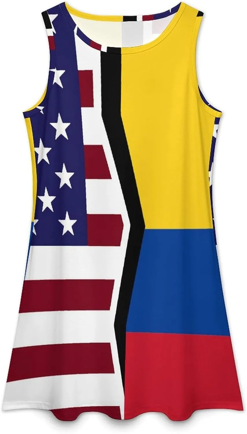 USA and Colombian Flag Women's Summer Dress Sleeveless Casual Loose Beach Vacation Tank Sundress