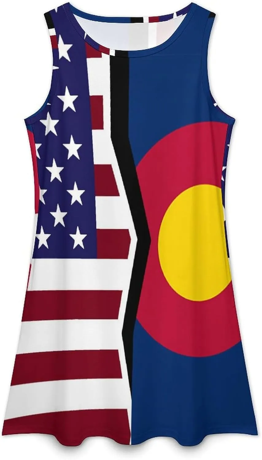 USA and Colorado State Flag Women's Summer Dress Sleeveless Casual Loose Beach Vacation Tank Sundress