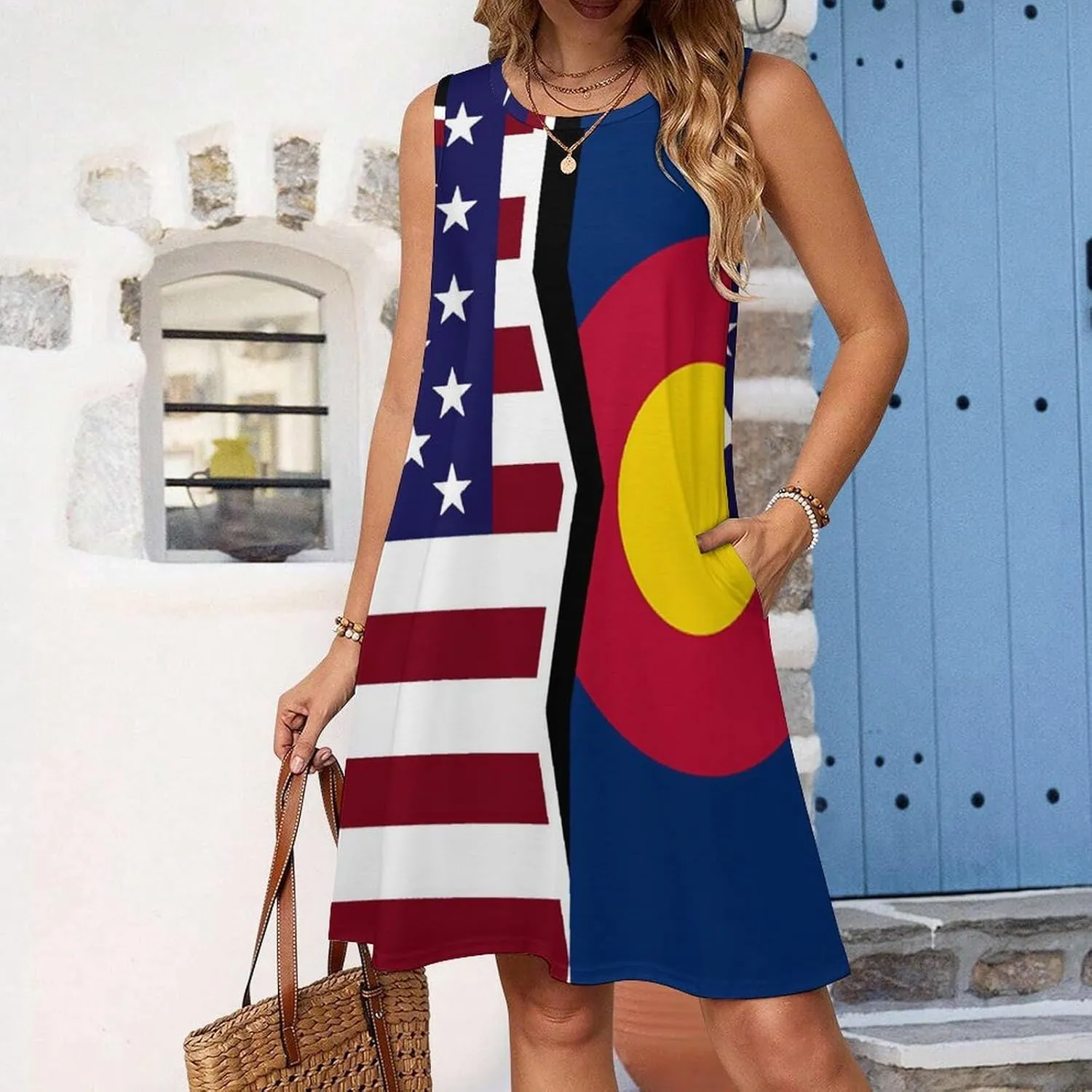 USA and Colorado State Flag Women's Summer Dress Sleeveless Casual Loose Beach Vacation Tank Sundress