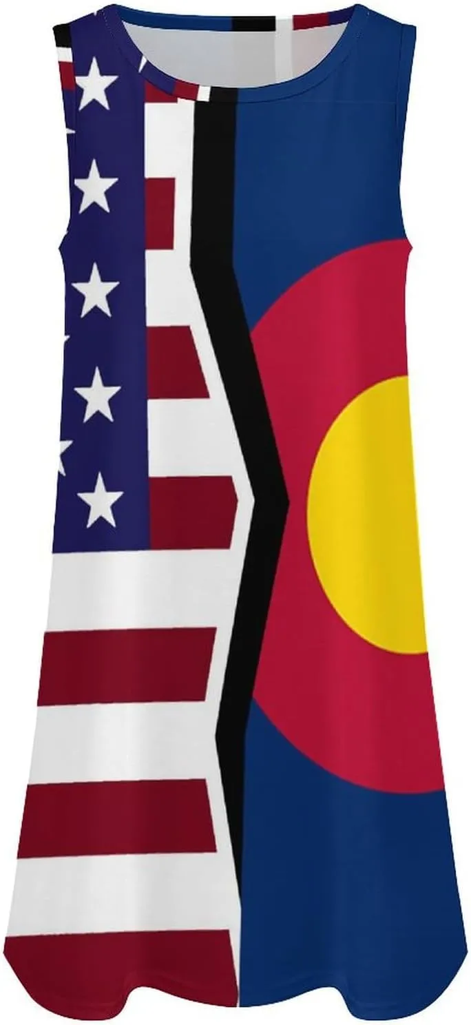 USA and Colorado State Flag Women's Summer Dress Sleeveless Casual Loose Beach Vacation Tank Sundress