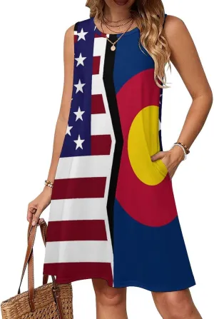 USA and Colorado State Flag Women's Summer Dress Sleeveless Casual Loose Beach Vacation Tank Sundress